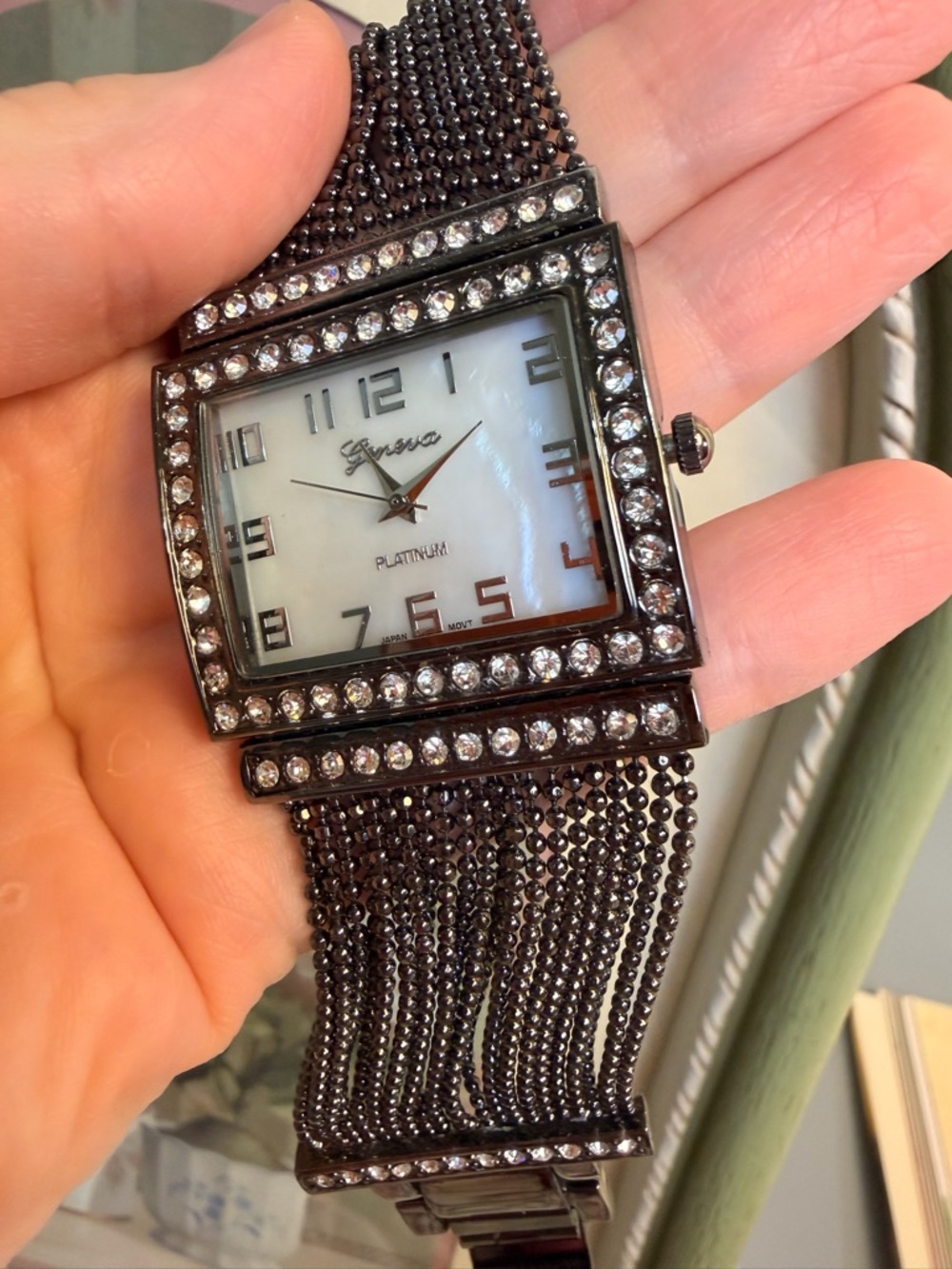 Vintage Geneva Black Rhinestone Mesh Bracelet Watch with White Dial Whimsygoth - Picture 4 of 5